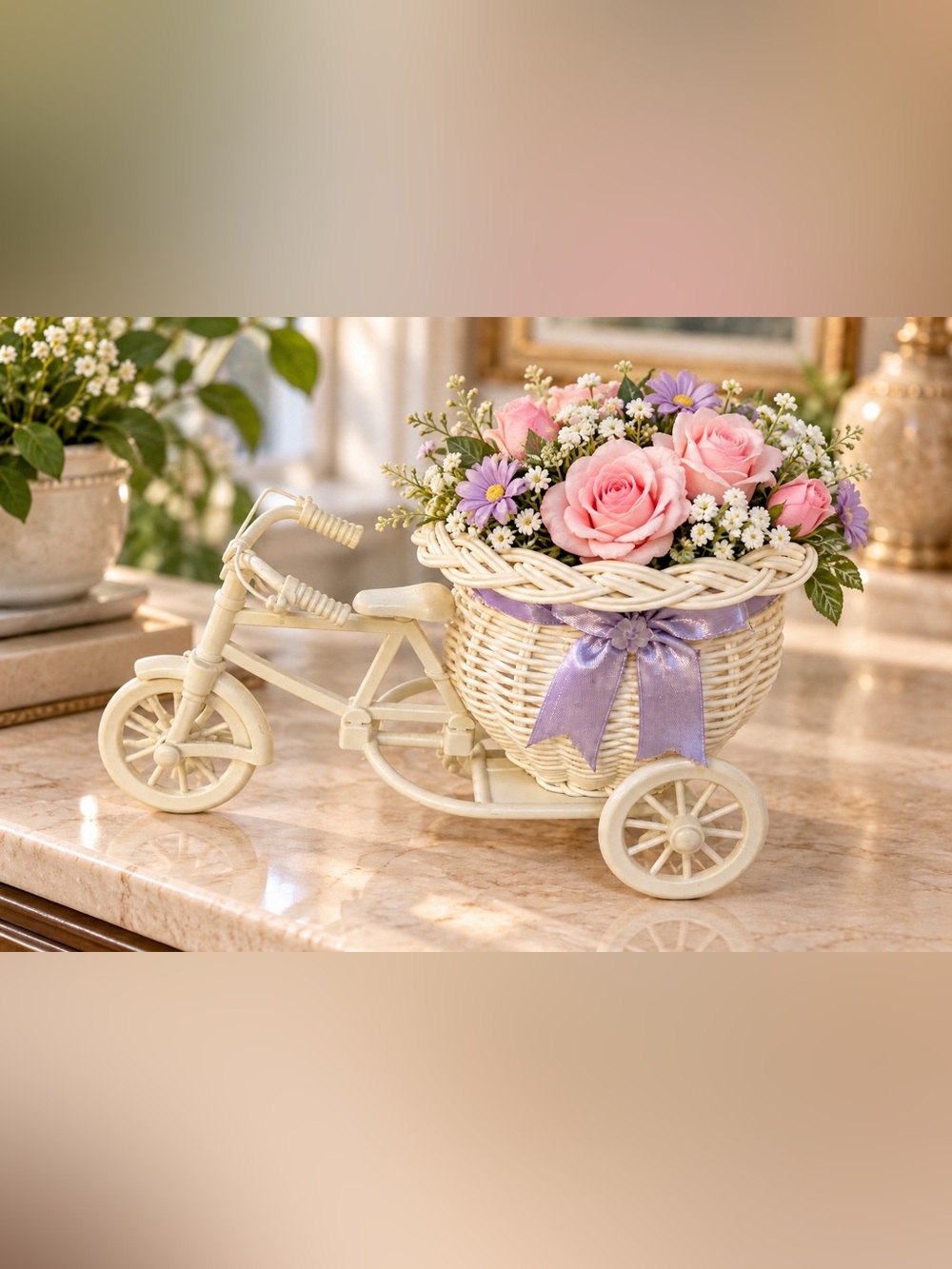Wicker Tricycle Basket with Pink Roses and Lavender Ribbon